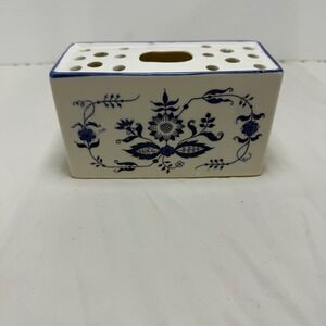 Flower Frog  Blue White Floral Ceramic Rectangular Block Vase